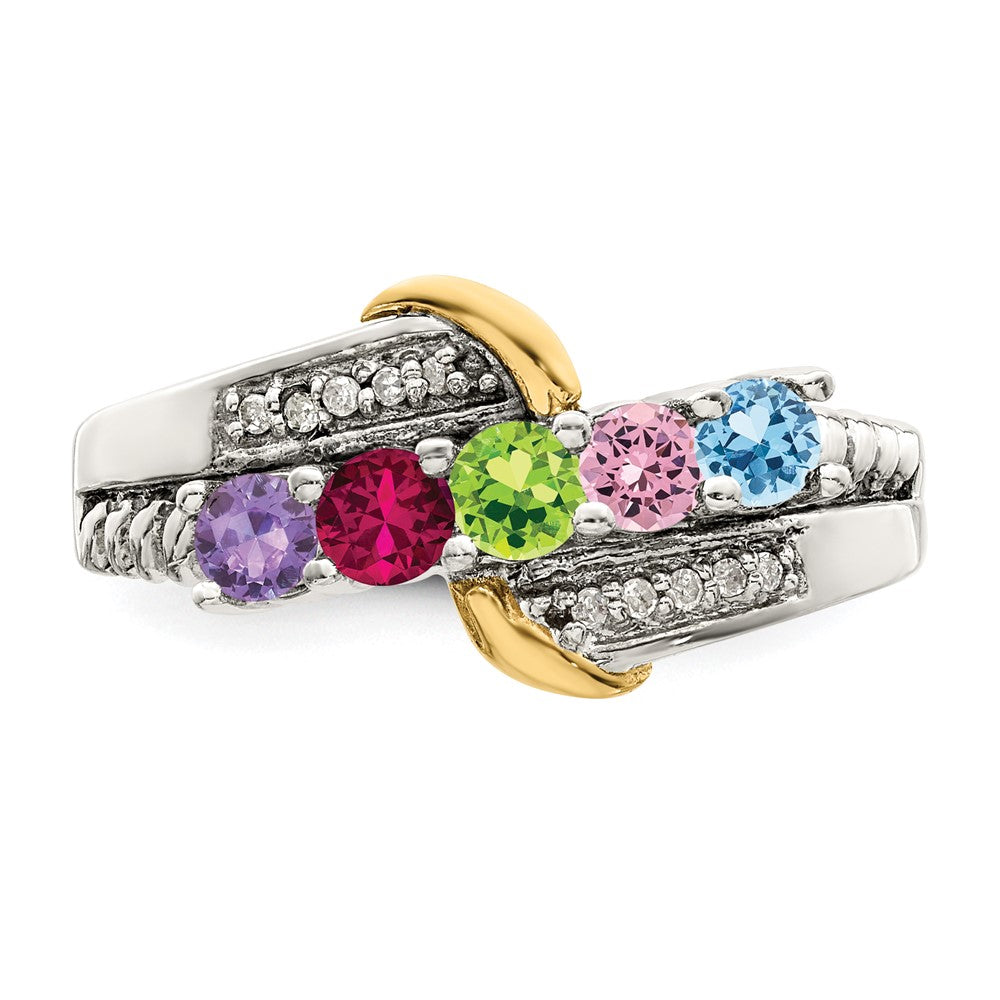 Sterling Silver Antiqued w/14k 5-stone w/Diamond Mother's Ring