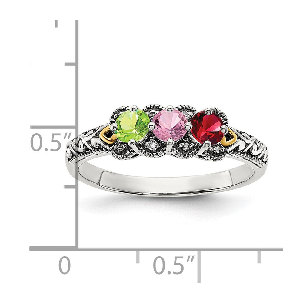 Sterling Silver Antiqued w/14k 3-stone w/Diamond Mother's Ring