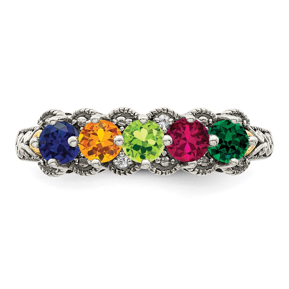 Sterling Silver Antiqued w/14k 5-stone w/Diamond Mother's Ring