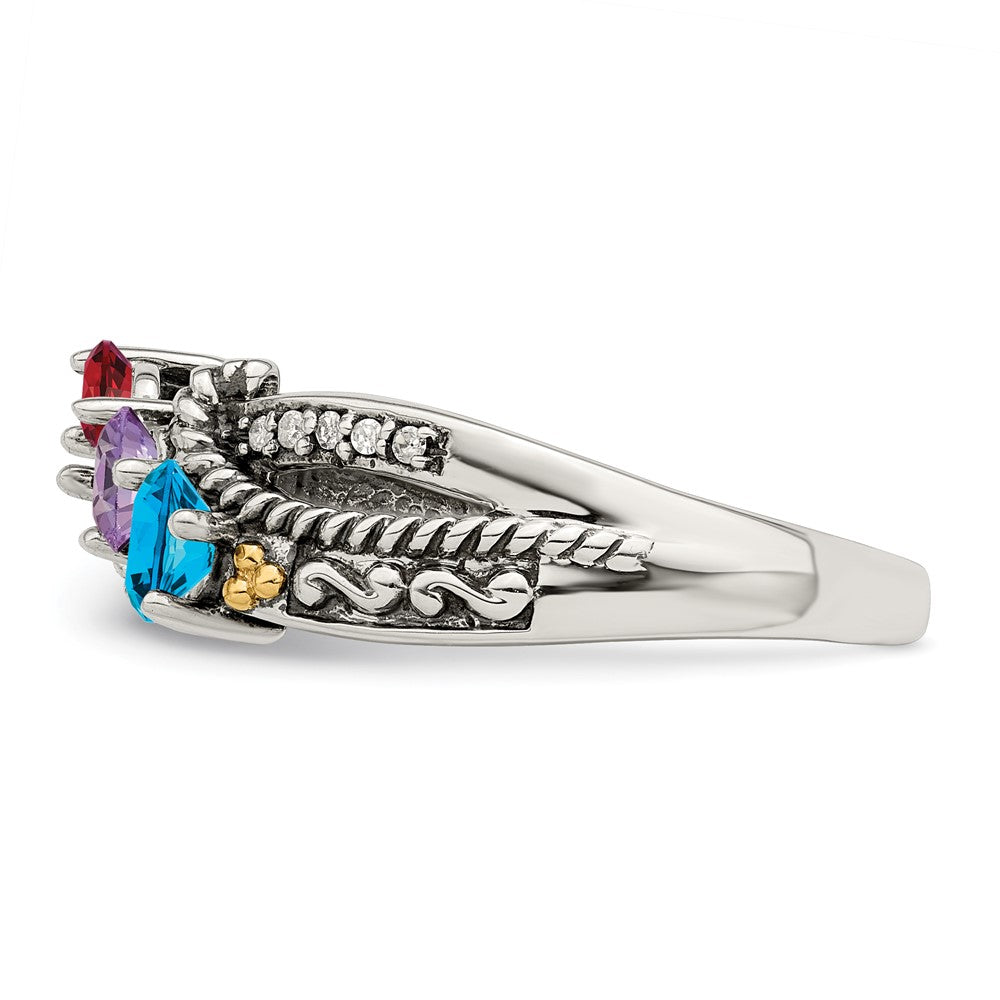 Sterling Silver Antiqued w/14k 3-stone w/Diamond Mother's Ring