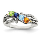 Sterling Silver Antiqued w/14k 4-stone w/Diamond Mother's Ring