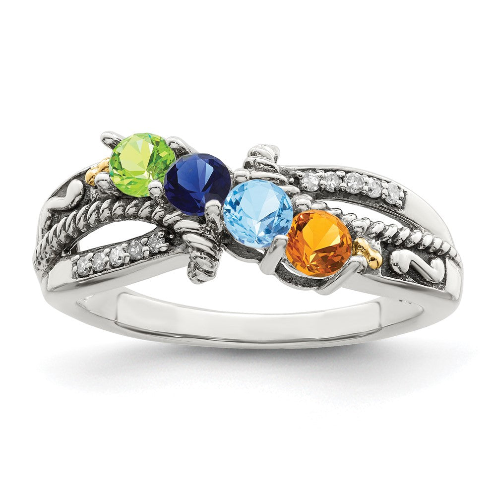 Sterling Silver Antiqued w/14k 4-stone w/Diamond Mother's Ring