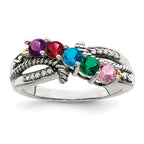 Sterling Silver Antiqued w/14k 5-stone w/Diamond Mother's Ring