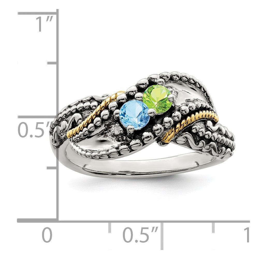 Sterling Silver Antiqued w/14k 2-stone w/Diamond Mother's Ring