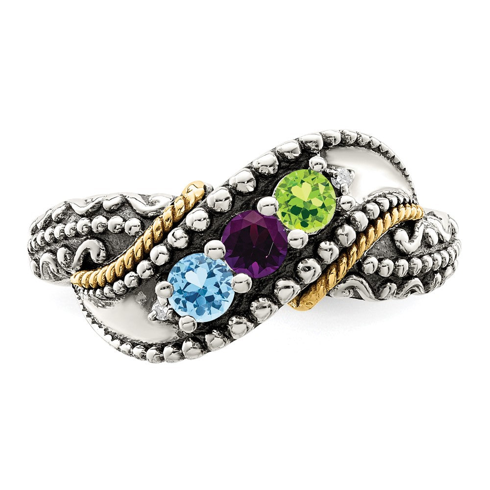 Sterling Silver Antiqued w/14k 3-stone w/Diamond Mother's Ring