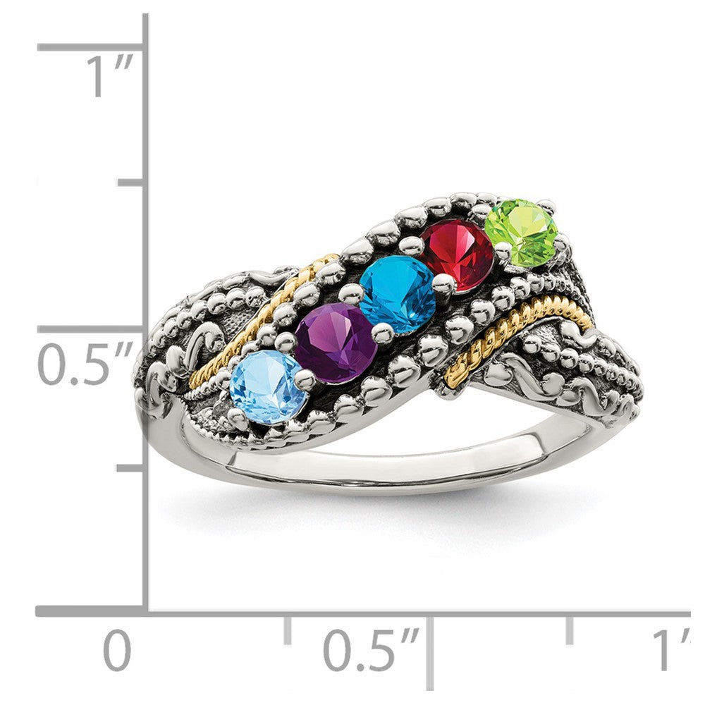 Sterling Silver Antiqued w/14k 5-stone w/Diamond Mother's Ring