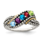 Sterling Silver Antiqued w/14k 5-stone w/Diamond Mother's Ring