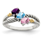 Sterling Silver Antiqued w/14k 3-stone Mother's Ring