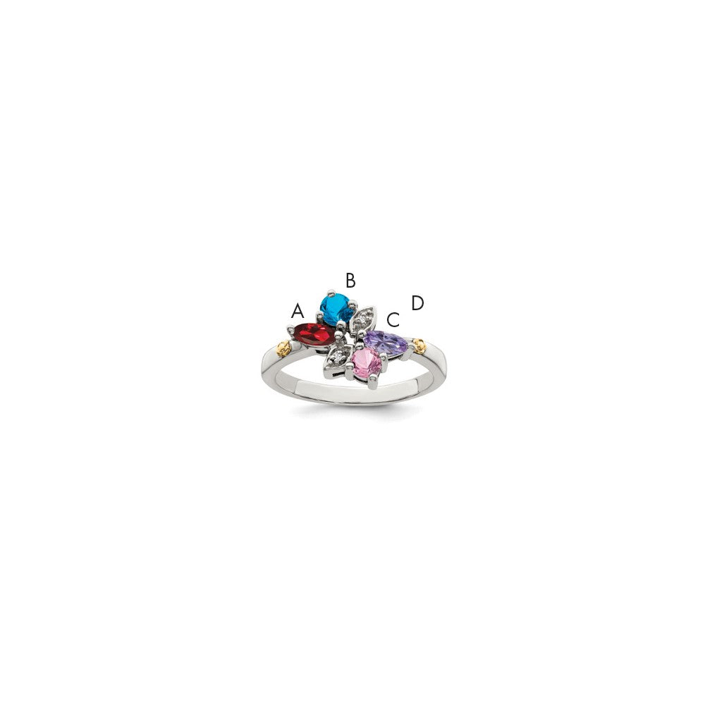 Sterling Silver Antiqued w/14k 4-stone w/Diamond Mother's Ring