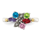 Sterling Silver Antiqued w/14k 5-stone w/Diamond Mother's Ring