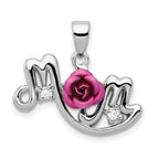 Sterling Silver RH-pltd Dyed Pink Aluminum Rose/Clear CZ Mom Pendant