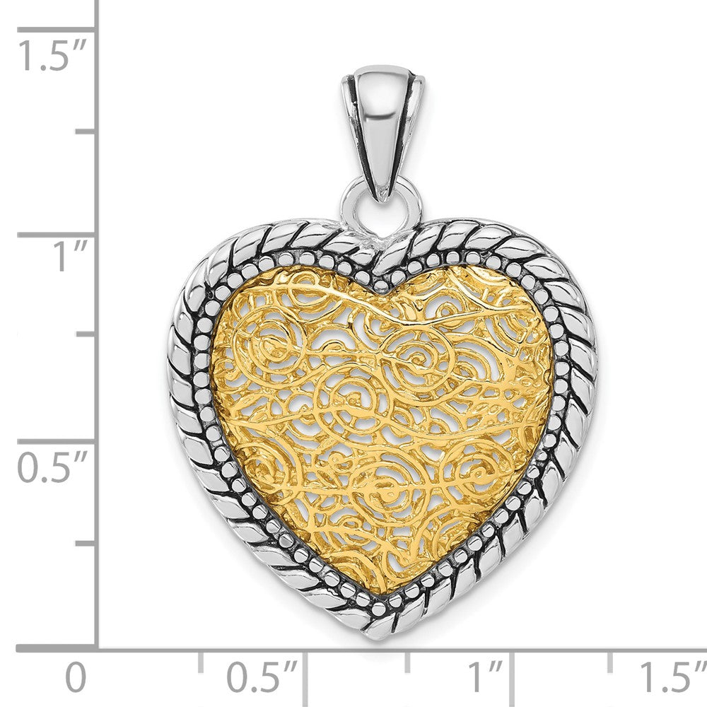 Sterling Silver Antiqued Gold-tone Vermeil Heart Pendant