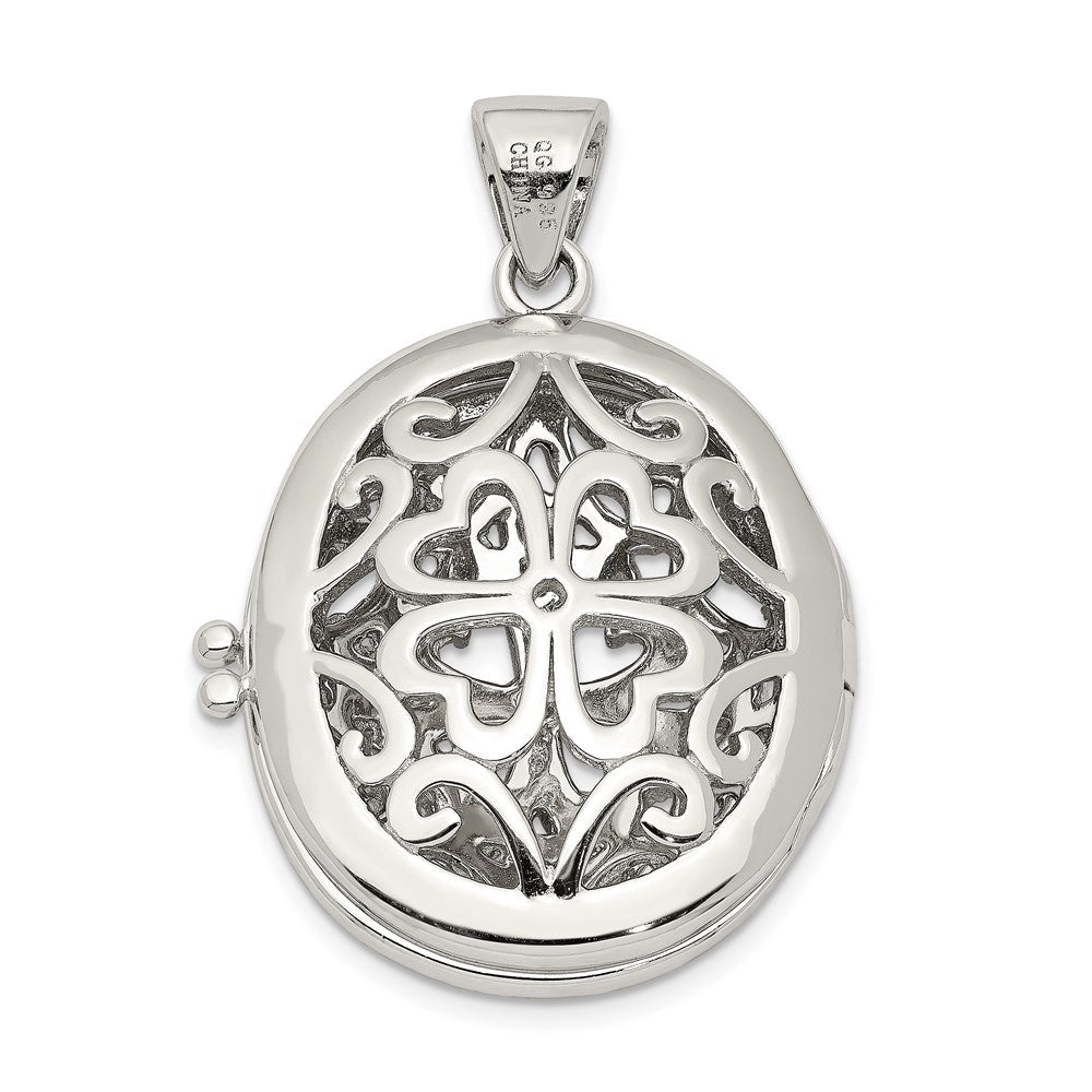Sterling Silver Rhodium-plated CZ Fancy Filigree Oval 22mm Locket