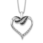 White Night Sterling Silver Rhodium-plated Black and White Diamond Heart 18 Inch Necklace with 2 Inch Extender