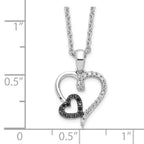 White Night Sterling Silver Rhodium-plated Black and White Diamond Double Heart 18 Inch Necklace with 2 Inch Extender