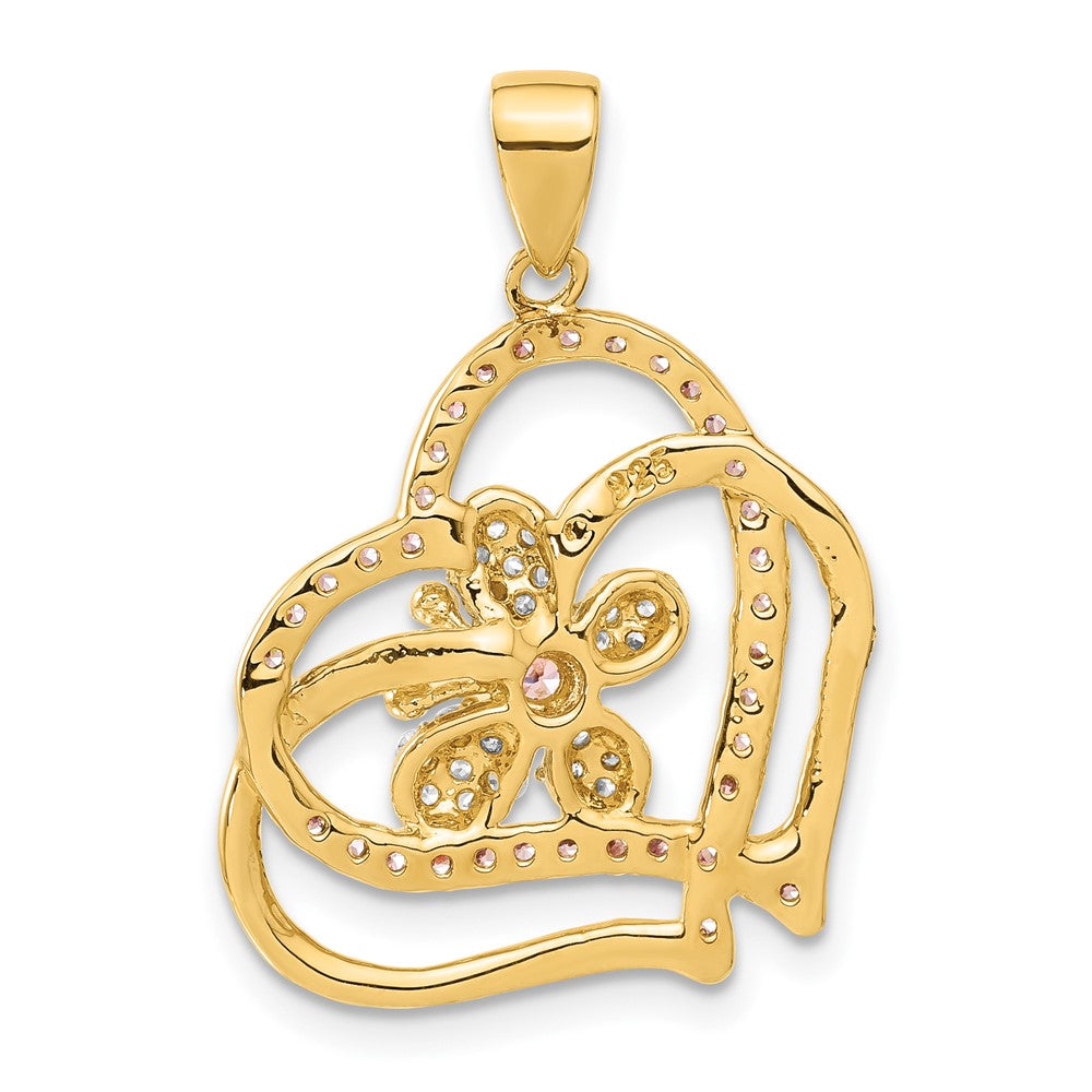 Sterling Silver Flash Gold-plated Pink & Clear CZ Heart Butterfly Pendant