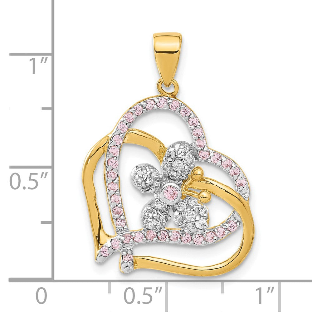 Sterling Silver Flash Gold-plated Pink & Clear CZ Heart Butterfly Pendant