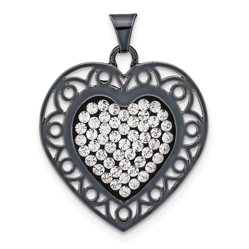 Sterling Silver Black Ceramic-plated Crystal Heart Pendant