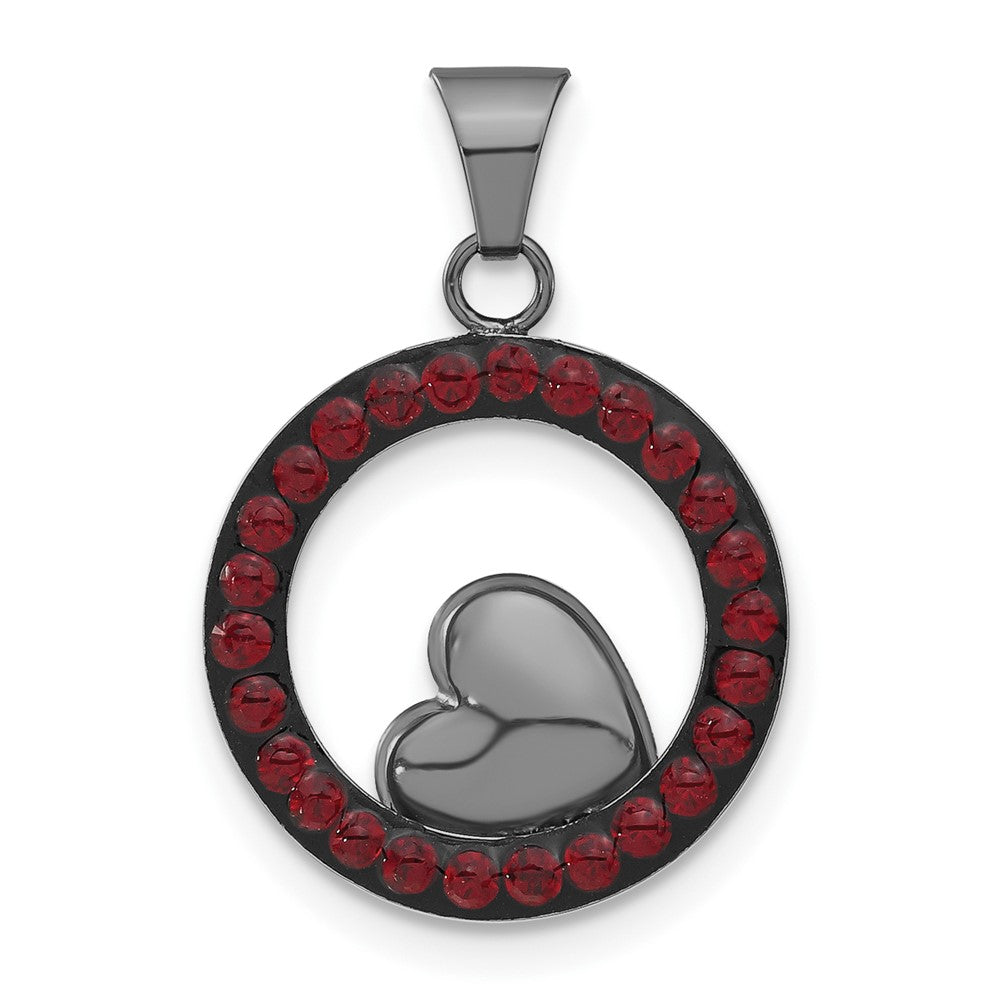 Sterling Silver Black Ceramic Red Crystal Heart Circle Pendant