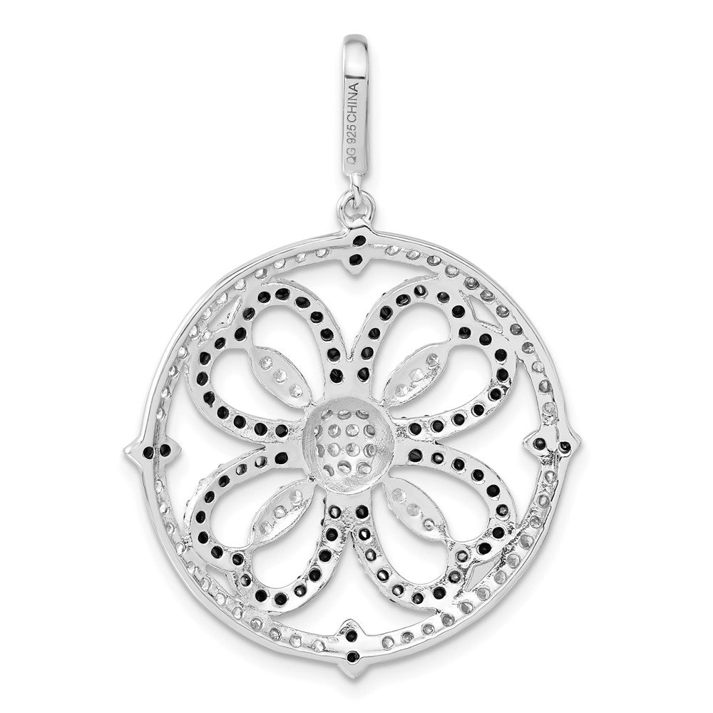 Sterling Silver Black and White CZ Clover Circle Pendant