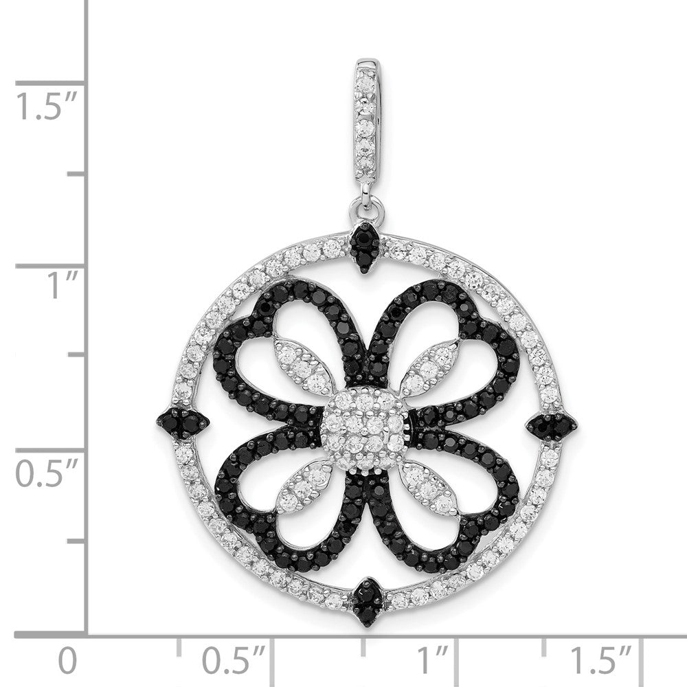 Sterling Silver Black and White CZ Clover Circle Pendant