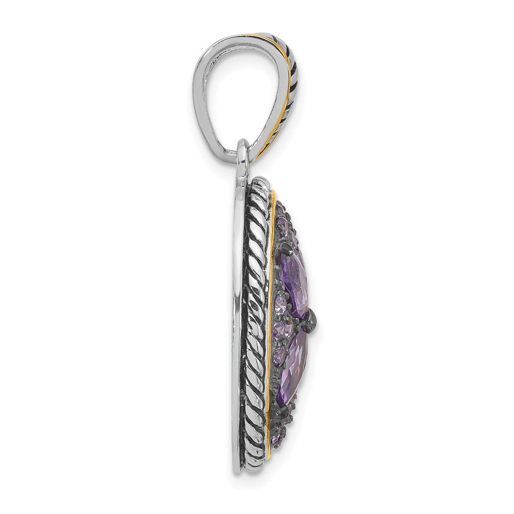 Sterling Silver and Flash Gold-plated with Black Rhodium Polished and Antiqued Purple CZ Flower Oval Pendant