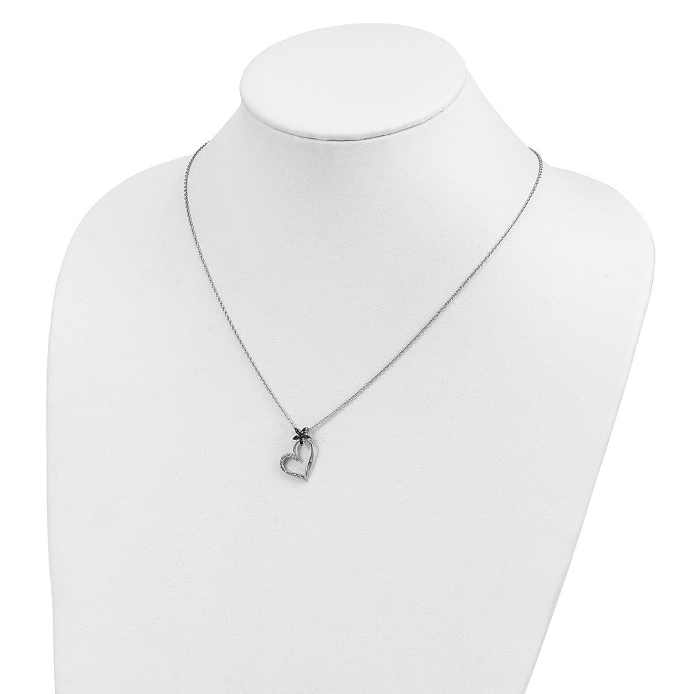 White Night Sterling Silver Rhodium-plated Black and White Diamond Heart with Flower 18 Inch Necklace with 2 Inch Extender