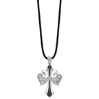 White Night Sterling Silver Rhodium-plated Black Diamond Cross and Wings Pendant 18 Inch Rubber Cord Necklace