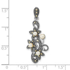 Sterling Silver Antiqued Marcasite & Freshwater Cultured Pearl Floral Slide Pendant