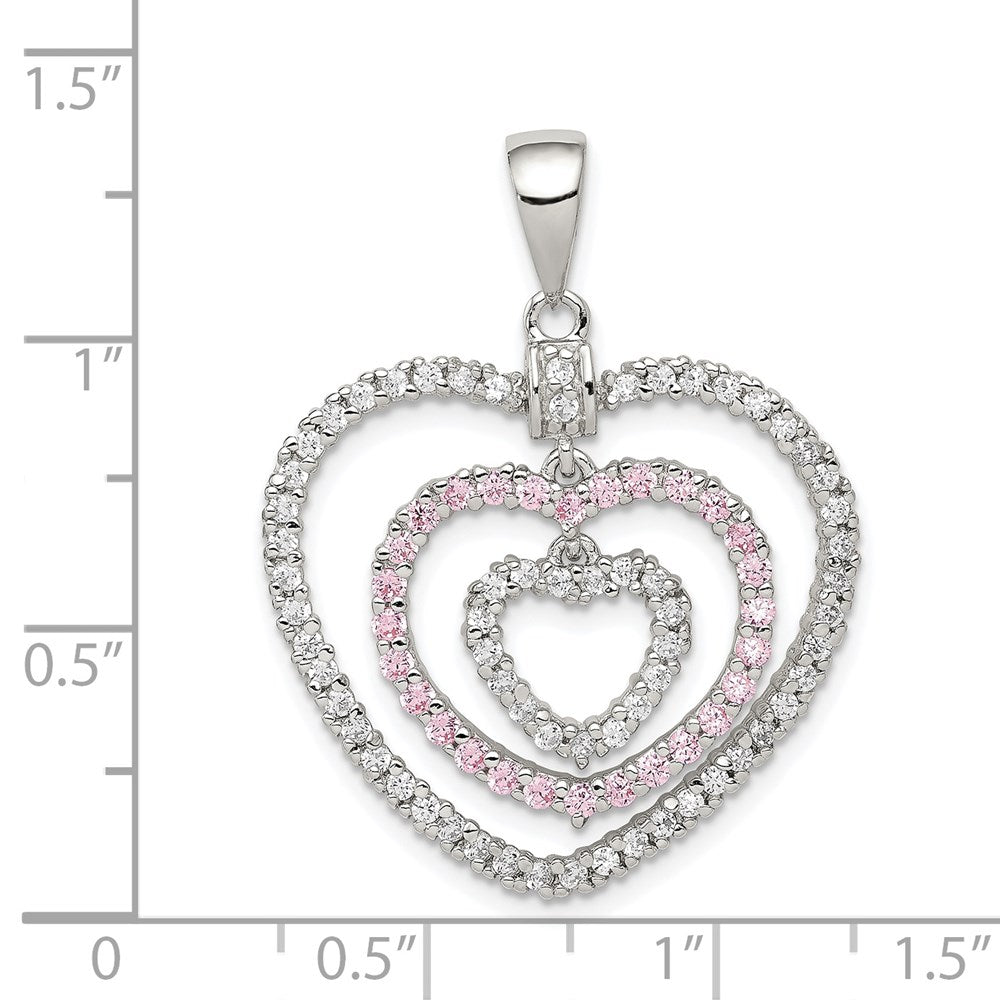 Sterling Silver Rhodium-plated Polished Pink/White CZ Hearts Pendant