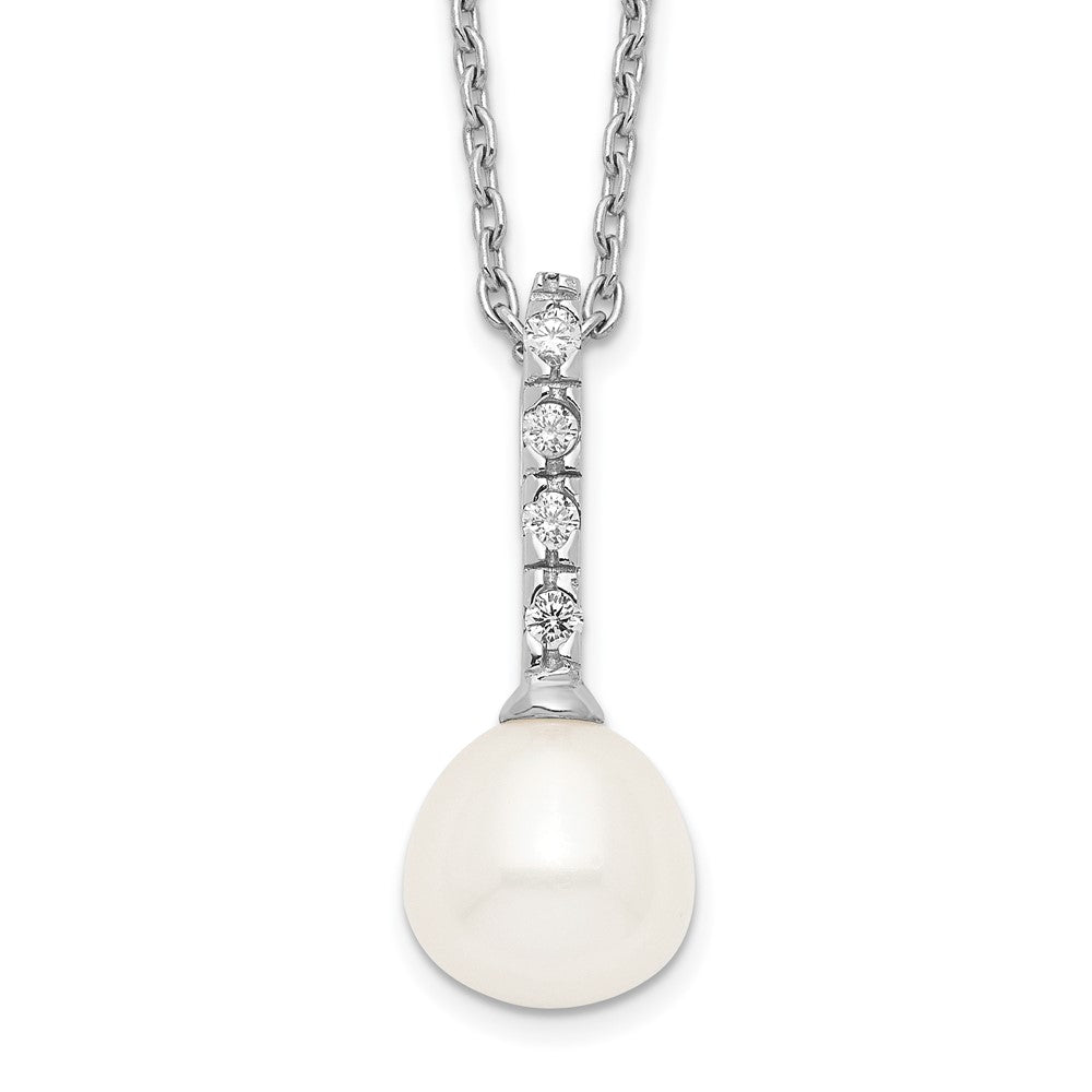 Sterling Silver Rhodium-plated 7-8mm White Teardrop Freshwater Cultured Pearl and CZ 17 inch Necklace