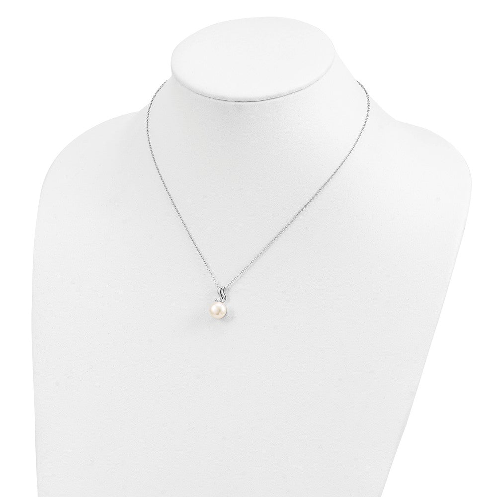 Sterling Silver Rhodium-plated 9-10mm White Button Freshwater Cultured Pearl and CZ 17 inch Necklace