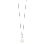 Sterling Silver Rhodium-plated 8-9mm White Teardrop Freshwater Cultured Pearl and CZ 17 inch Necklace