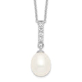 Sterling Silver Rhodium-plated 8-9mm White Teardrop Freshwater Cultured Pearl and CZ 17 inch Necklace
