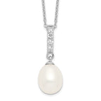 Sterling Silver Rhodium-plated 8-9mm White Teardrop Freshwater Cultured Pearl and CZ 17 inch Necklace