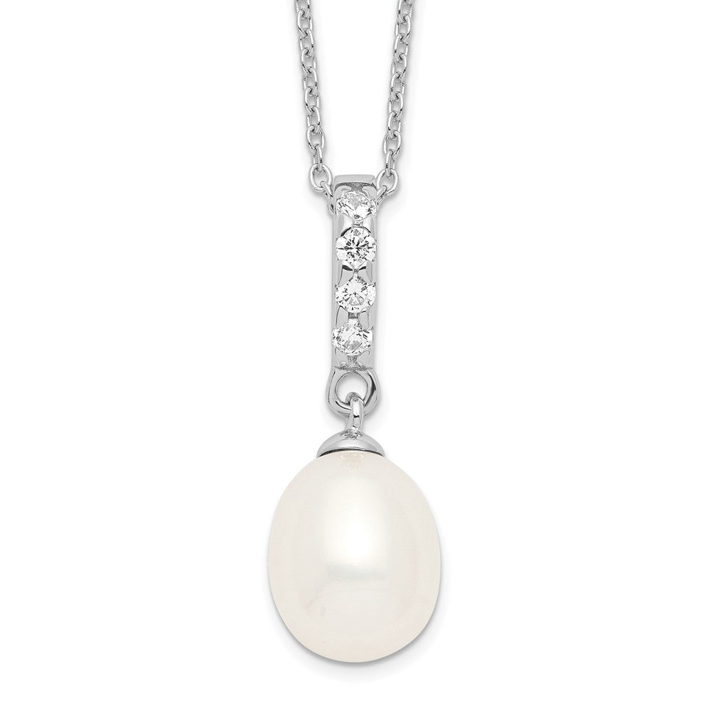 Sterling Silver Rhodium-plated 8-9mm White Teardrop Freshwater Cultured Pearl and CZ 17 inch Necklace