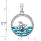 Sterling Silver Rhodium-plated Polished Blue Inlay Created Opal Turtle Pendant