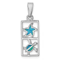 Sterling Silver Rhodium-plated Polished Blue Created Opal Starfish and Turtle Rectangle Pendant