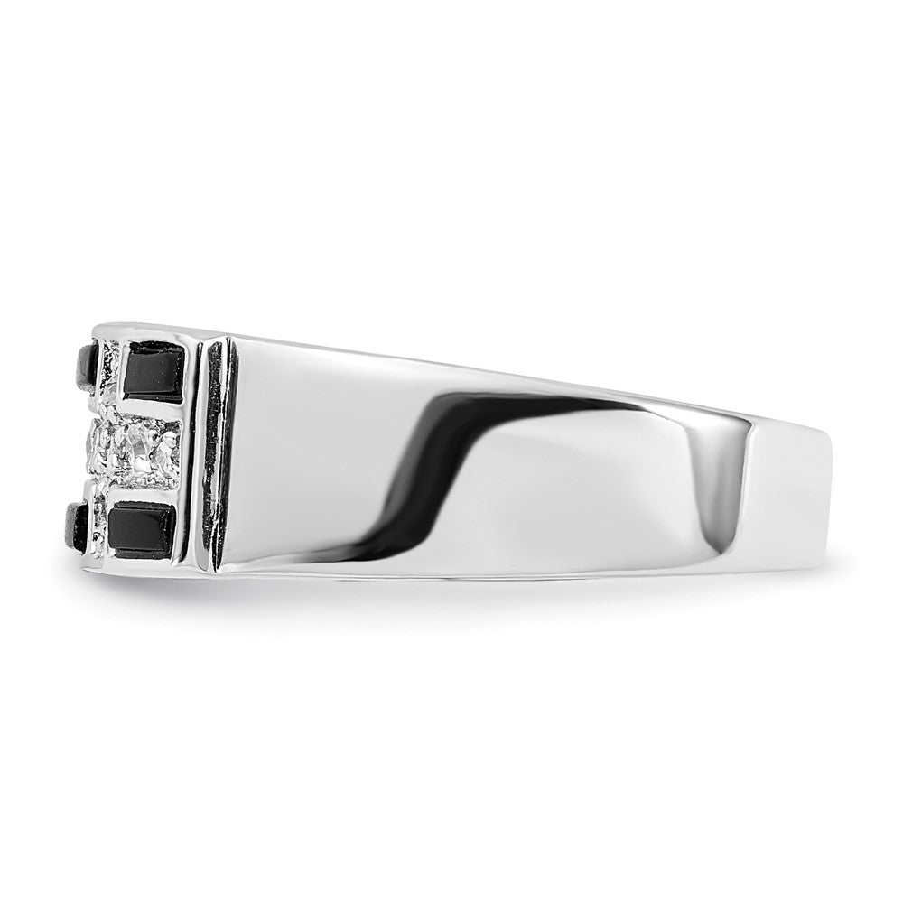 Sterling Silver Polished Black Enamel & CZ Cross Ring