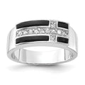 Sterling Silver Polished Black Enamel & CZ Cross Ring