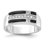 Sterling Silver Polished Black Enamel & CZ Cross Ring