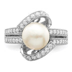 Sterling Silver Rhodium-plated Simulated Pearl and CZ Ring