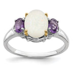 Brilliant Gemstones Sterling Silver with 14K Accent Rhodium-plated Opal and Amethyst Ring