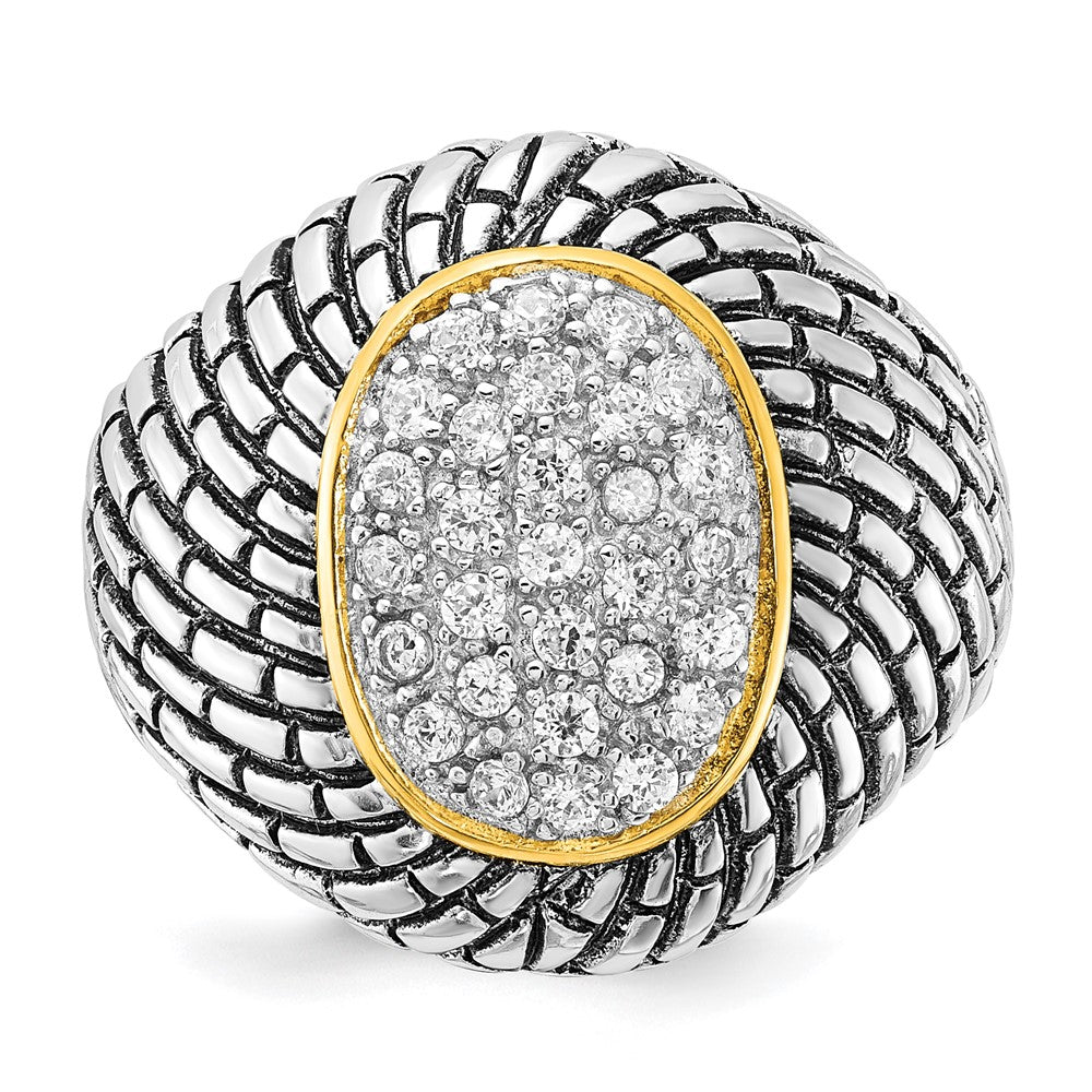 Sterling Silver Gold-tone Vermeil Polished & Antiqued Oval CZ Ring