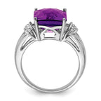 Sterling Silver Rhodium-plated Checker-Cut Amethyst & Diamond Ring