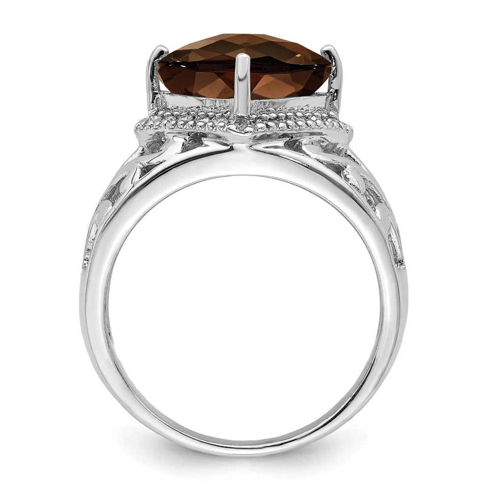 Sterling Silver Rhodium Checker-Cut Smoky Quartz & Diam. Ring
