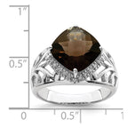 Sterling Silver Rhodium Checker-Cut Smoky Quartz & Diam. Ring