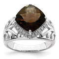 Sterling Silver Rhodium Checker-Cut Smoky Quartz & Diam. Ring