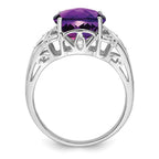 Sterling Silver Rhodium Oval Checker-Cut Amethyst & Diamond Ring