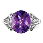 Sterling Silver Rhodium Oval Checker-Cut Amethyst & Diamond Ring